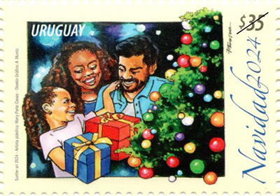 Ilustración de una familia junto a un árbol navideño