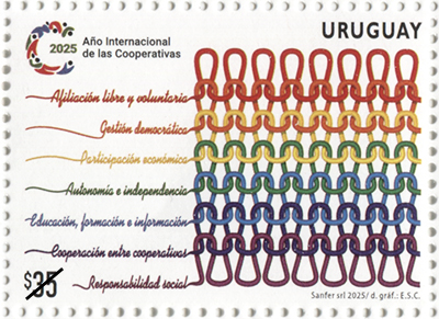 En el sello aparecen los principios del cooperativismo sobre una ilustración de un tejido con varios colores