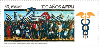 Ilustración de varias personas con las banderas de Uruguay y del movimiento sindical. De fondo aparece la torre del Palacio de Correos